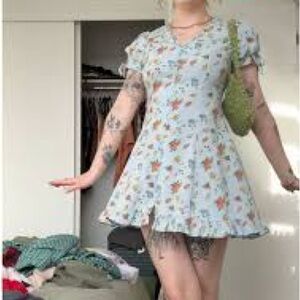 Light Blue Floral V-Neck Mini Dress